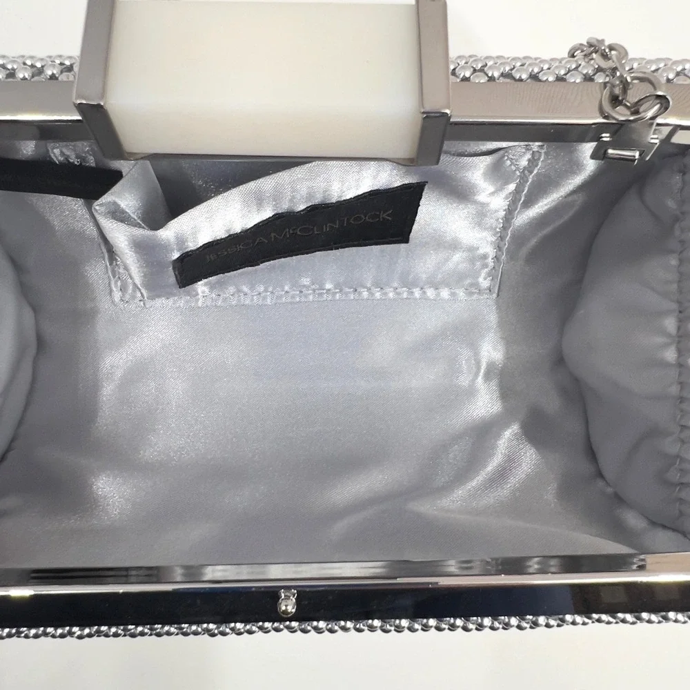 Jessica McClintock Clutch Bag Silver Ball Chain Mail Minaudière Evening Formal